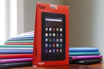 The new Amazon Fire tablet is displayed during a media event introducing new Amazon products in San Francisco, California September 16, 2015. 