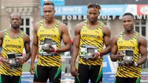 The Jamaica team of (from left) Jermaine Hamilton, Julian Forte, Rasheed Dwyer and Oshane Bailey on the winners podium