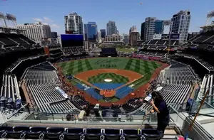 Crews prepare the stadium before the MLB All-Star