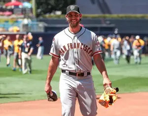 San Francisco Giants pitcher Madison Bumgarner walks off