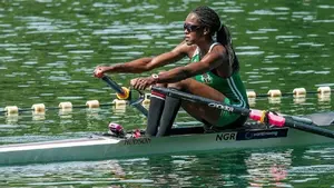 History maker…..Chierika Ukogu powering to the semifinal in the rowing event yesterday.