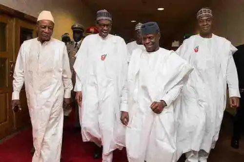 From left, President Alpha Conde of Guinea Conakry; President Muhammadu Buhari; Vice President Yemi Osinbajo; and Senate President Bukola Saraki