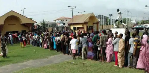 The Lake rice queue at Teslim Balogun Stadium, Surulere in Lagos on Friday 