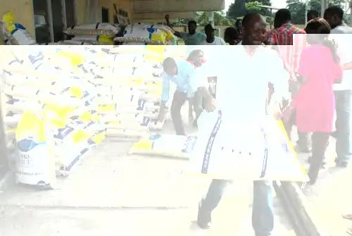 A man carries a bag of Lake Rice at the distribution centre at Teslim Balogun Stadium, Surulere in Lagos on Friday. Lake Rice distribution is powered by Lagos and Kebbi states government in collaboration with San Carlos Group incorporated. Photo: Oladapo Kayode/