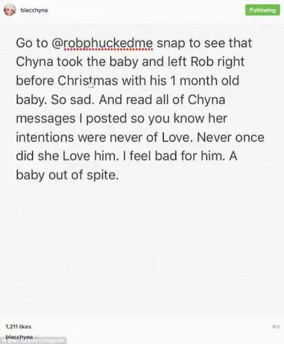 Hacked: Earlier in the day, Chyna's Instagram account was commandeered by someone who claimed to have evidence Chyna was 'talking to' a number of guys while still with Rob, that she was planning to leave him and take the baby the whole time