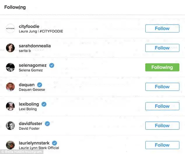 The evidence: The Victoria's Secret model still followed Selena on Instagram at 1:30 P.M. on Wednesday as seen in screenshots posted by Elle