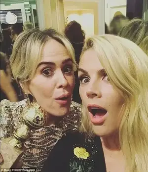 Big night: The Dawson's Creek actress was joined at the party by Sarah Paulson and her Golden Globe trophy 