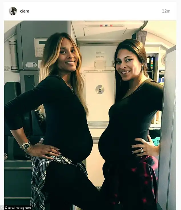 On the double: She's now expecting Russell's baby and before Saturday's game, she posed with fellow pregnant Seahawk wife Jessica Martinez Sheadwife of DeShawn Sheadfor an Instagram photo