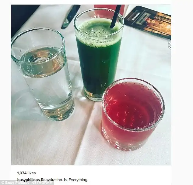 Recovery mode: For all their fun, the actress was feeling a little bit worse for wear the next day, sharing a snap of a water, a green juice and a cranberry juice which she planned to drink to try to feel better