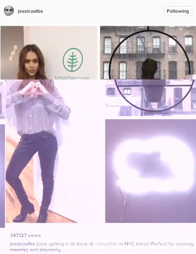 Boss lady: Next she was stylish in a black-and-white blouse and black leather slacks as she made a love sign in front of a breather.com logo. Alba said she was 'getting it all done'