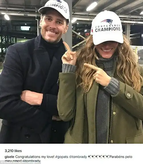 Winning: Tom Brady, quarterback for the Patriots, celebrated the team's 36-17 win by posing for an Instagram picture with his model wife, Gisele Bundchen