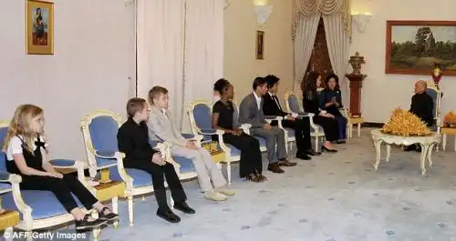 Big honor: Jolie and all six of her kids including eight-year-old twins Knox and Vivienne (far left) attended an audience with Cambodian King Norodom Sihamoni