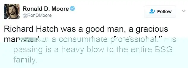 Ronald D. Moore, who created the 2004 BSG reboot, paid tribute to Hatch with a heartfelt tweet