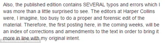 Errors: He swiftly took to Facebook to express his 'surprise' at finding a number of misspellings throughout the text