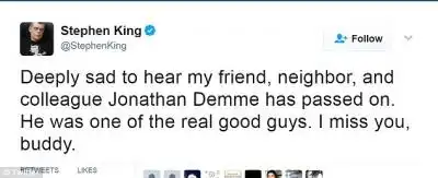 'I miss you, buddy': Horror writer Stephen King took to Twitter to express his sorrow