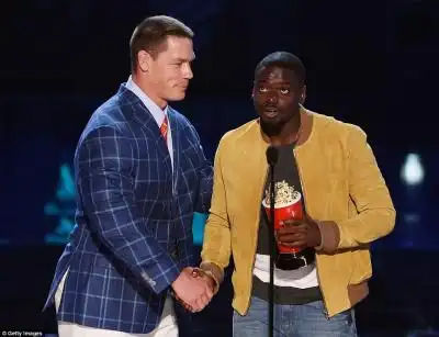 Breakout star: Daniel Kaluuya, 28, was named recipient of the Next Generation MTV award for the movie Get Out. The London actor was presented with his trophy by John Cena