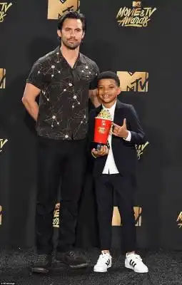 Karate kids: Milo Ventimiglia and Lonnie Chavis who picked up the popcorn trophy on behalf of best tearjerkerthe NBC drama series This Is us