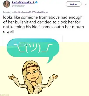Shrugging emoticon: Paris in a follow-up reply suggested her father from above 'decided to clock her' and caused her recent fainting spell for talking about his family