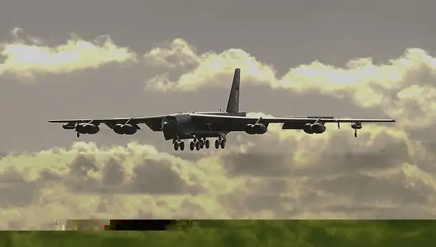 A B-52H Stratofortress bomber is seen landing at Andersen Air Force Base in Guam on Tuesday