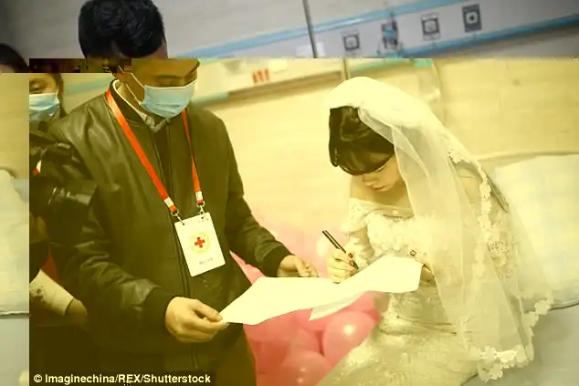 The woman signs a piece of paper as she agrees to donate her organs after the wedding