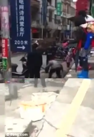 An elderly woman, in red beanie, has her vegetable stalls destroyed by three urban police officers in China