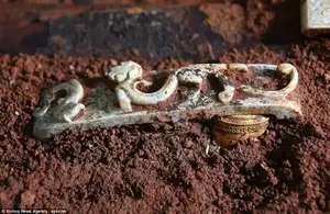 Various relics were unearthed in the number five tomb of the Marquis of Haihun site in chang, China. It remains one of the few tombs of its kind that have not been looted 