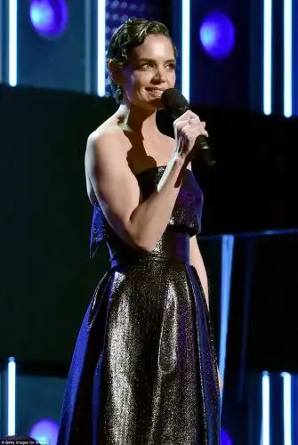 Shimmering: Katie Holmes looked fantastic as she introduced Bruno Mars and Cardi B's performance 
