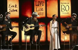 Tribute: Country singers the Brothers Osborne (left and second from left), Eric Church (right) and Maren Morris (second from right) all performed at the Route 91 country music festival before gunman Stephen Paddock, 64, fired into the crowd on October 1
