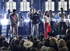 Touching: Khalid, Logic, and Alessia Carapictured from left to rightdid their emotional suicide prevention song 1-800-273-8255 in a very emotional performance after the in memoriam video pacakge