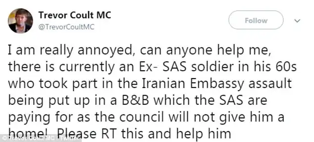 Fellow veteran Trevor Coult, a recipient of the Military Cross, revealed the soldier's plight in a tweet today, provoking the anger or many other social media users