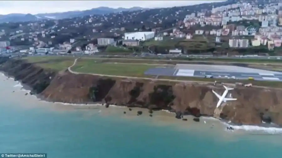The huge passenger plane almost ploughed into the Black Sea on the north coast of Turkey but stopped just metres away from the edge