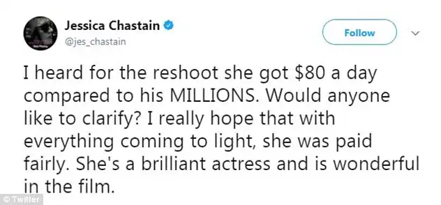 Unreal: It is now being reported that Wahlberg was paid .5million for the 10-day shoot while Williams made just -a-day according to Jessica Chastain (tweet above)