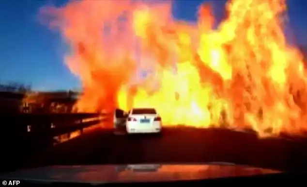 Flames engulfed the Beijing-Harbin Expressway in Hebei province, bordering Beijing