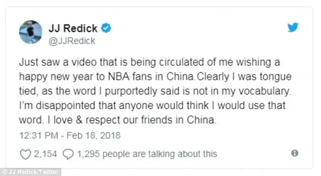 Redick took to Twitter on Sunday afternoon after the video went viral. He stated he was 'tongue-tied' and didn't have the slur in his 'vocabulary'