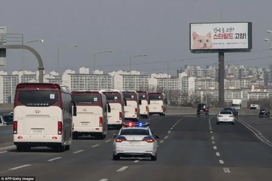 A convoy carrying a 280-member delegation of North Korean cheerleaders heading for the 2018 Pyeongchang winter Olympic games after arriving in South Korea across the Demilitarized Zone