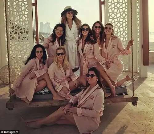 Bride-to-be: Mina Basaran, 28, posted this image on Instagram surrounded by her friends on Saturday as they enjoyed a hen-do weekend in Dubai
