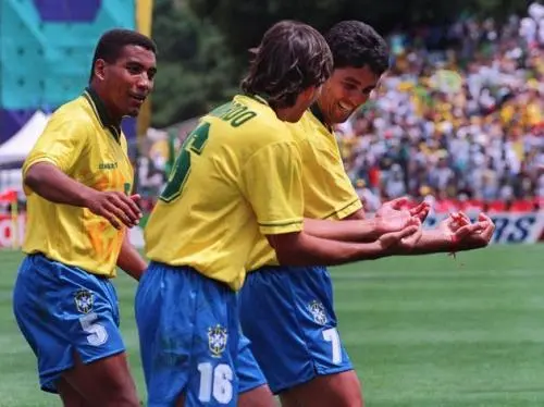 Brazilian forward Bebeto (R), imitated by Leonardo