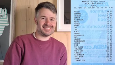 Man creating receipt art by buying a supermarket A to Z and mocking Trump