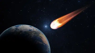 An artistic rendering of a comet or asteroid heading towards Earth, contrasting with the non-threatening nature of 3I/ATLAS.