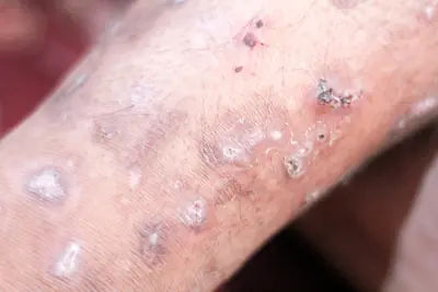 Close-up image of a scabies rash on the foot of a teenage boy, showing characteristic red spots.
