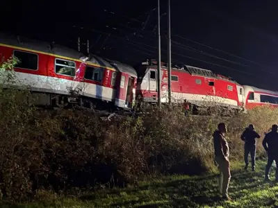 Two trains involved in a collision in Pezinok, Slovakia, with emergency services on site.