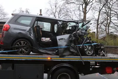 The wreckage of one of the vehicles involved in the fatal Bolton road traffic collision.