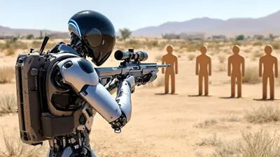 An AI-generated video depicting militarily trained humanoid robots in a combat scenario, sparking discussions on their potential use in future global military conflicts, from Ukraine to Taiwan.